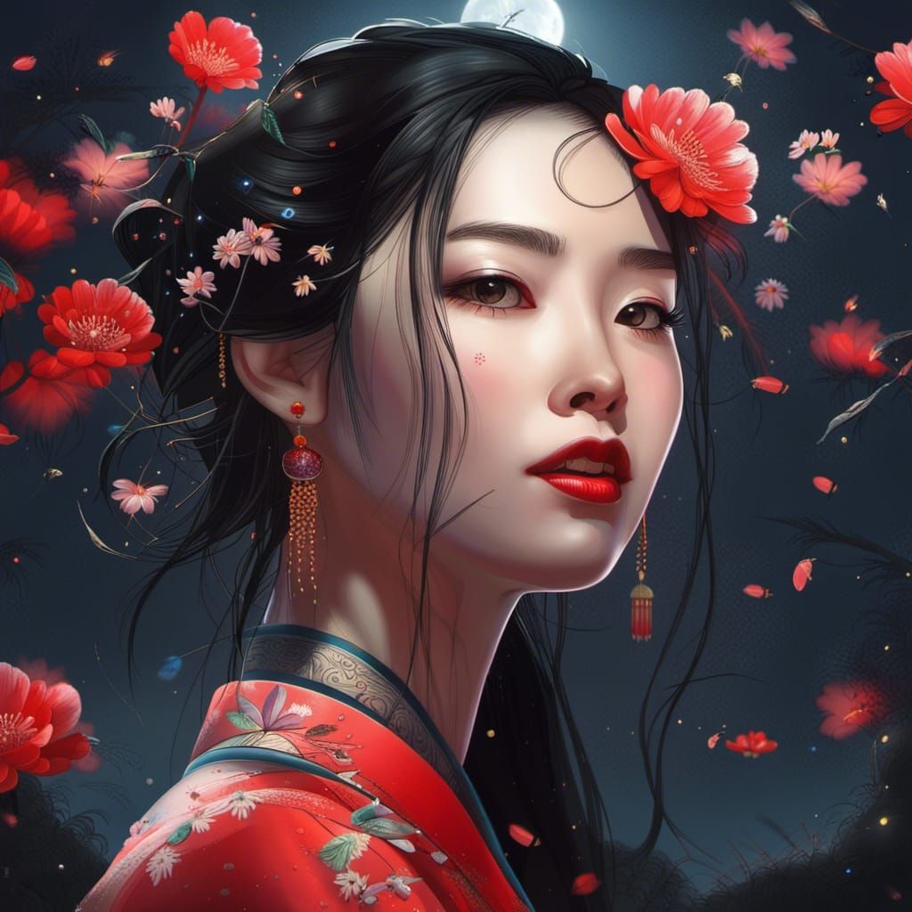Chinese Woman in Moonlight with Flowers, Hyperrealistic Spla...