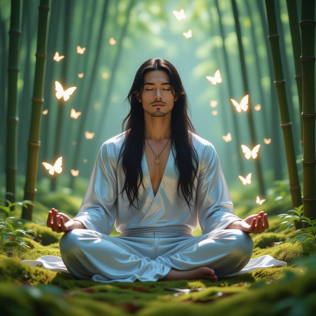 Asian Man Meditating in Bamboo Forest with Butterflies