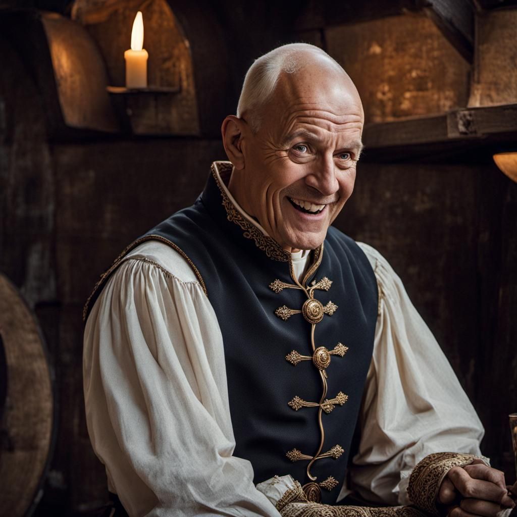 Humorous Bald Man in Medieval Tavern Scene