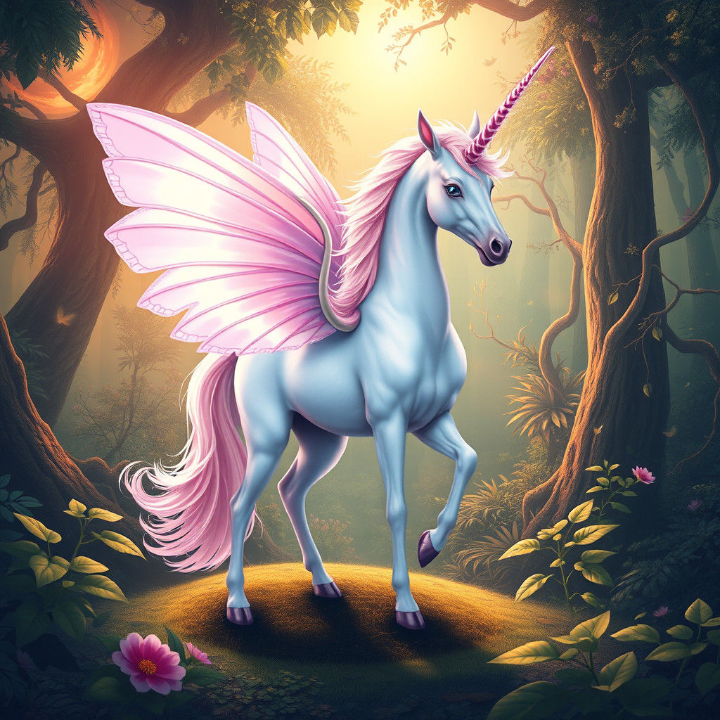 Ethereal Unicorn with Butterfly Wings in Magical Forest