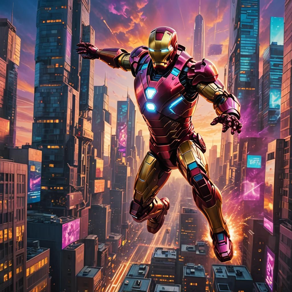 Iron Man Soaring Through Futuristic Cityscape