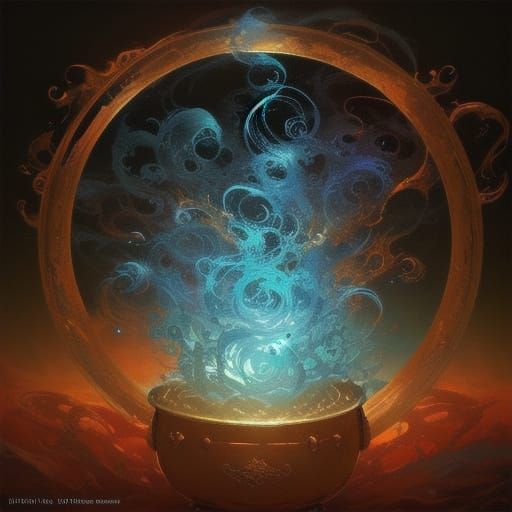 Witch Casts Spell into Cauldron in Ethereal Kitchen