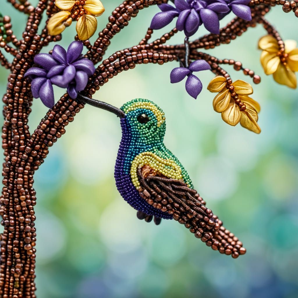 Beaded Tree with Hummingbird in Macro Detail