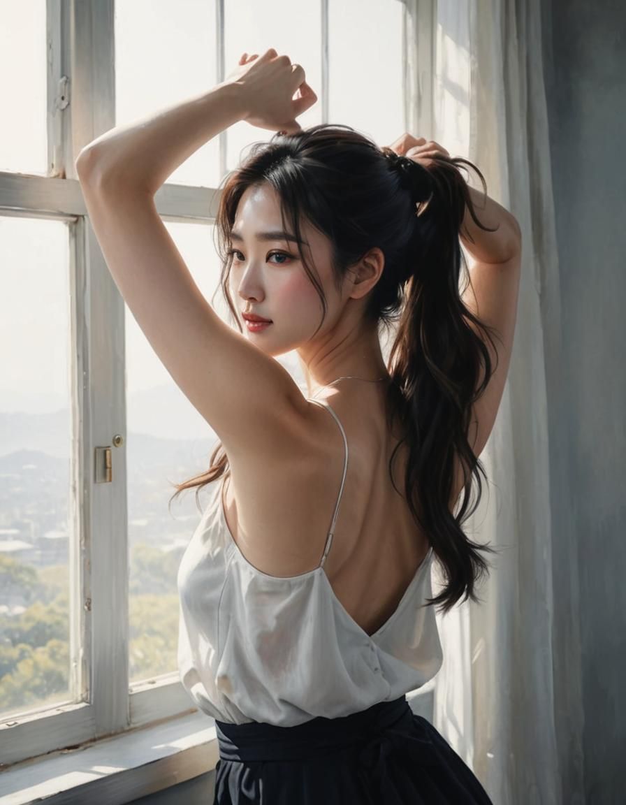 Korean Woman in Chiaroscuro Oil Painting at Sunrise