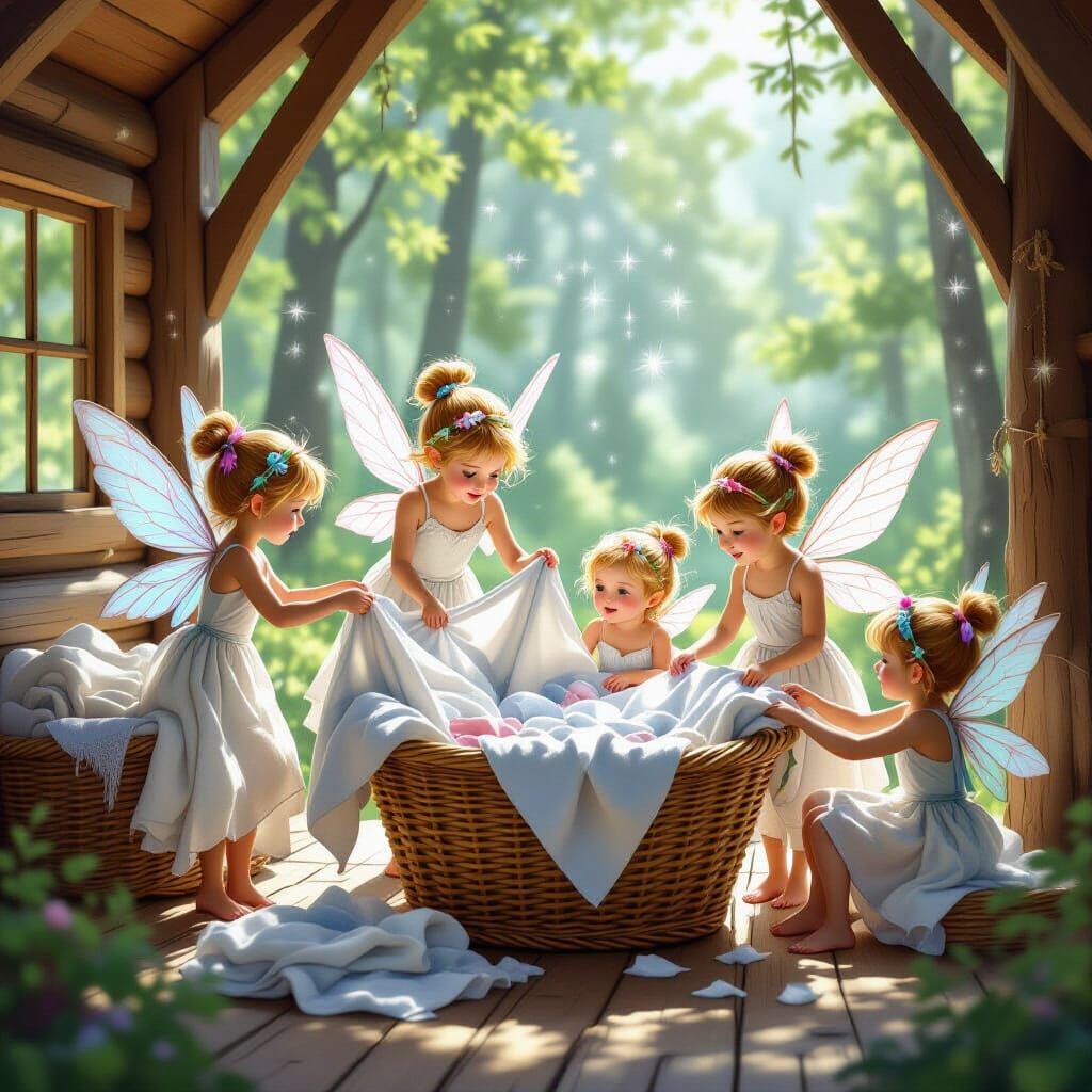 Tiny Fairies Folding Laundry in Forest Cabin