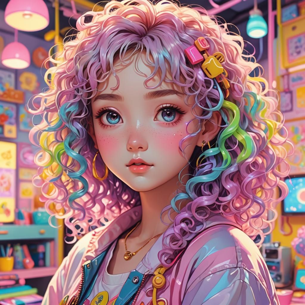 Pastel Anime Girl with Neon Reflections