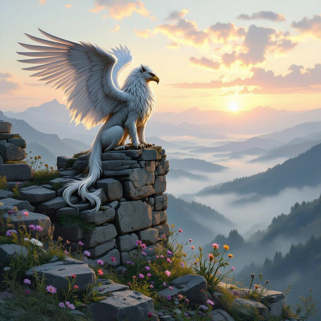 Majestic Griffin on Ancient Ruin Above Misty Valley