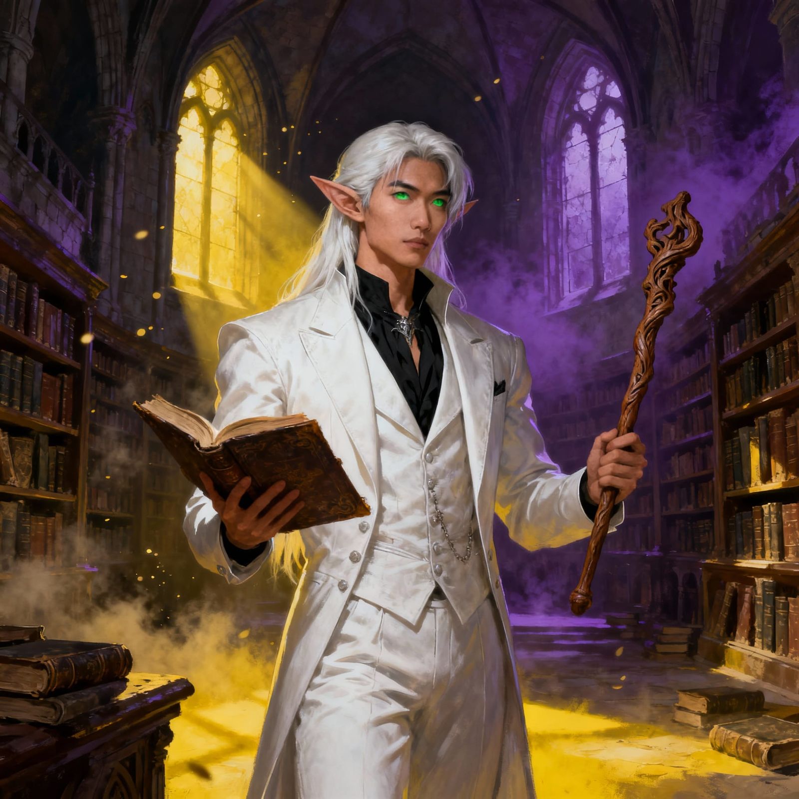 Asian Half-Elf Mage in Medieval Library