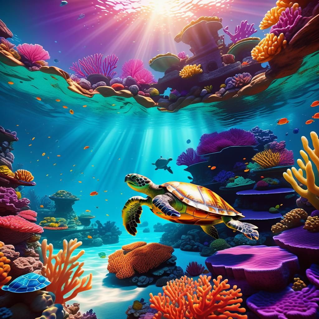 Turtle in Vibrant Coral Reef: 3D Digital Art