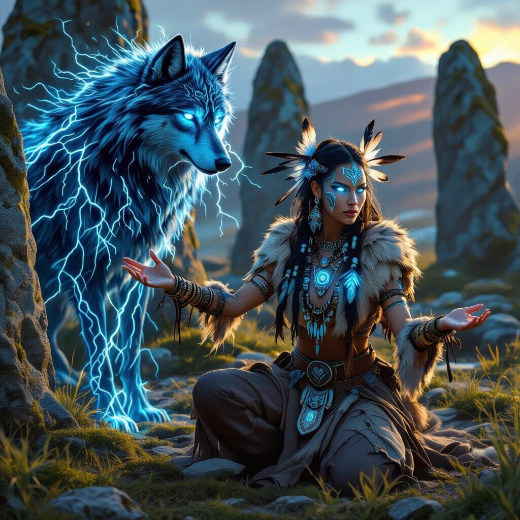 Fantasy Shaman Casting Spell with Spectral Wolf
