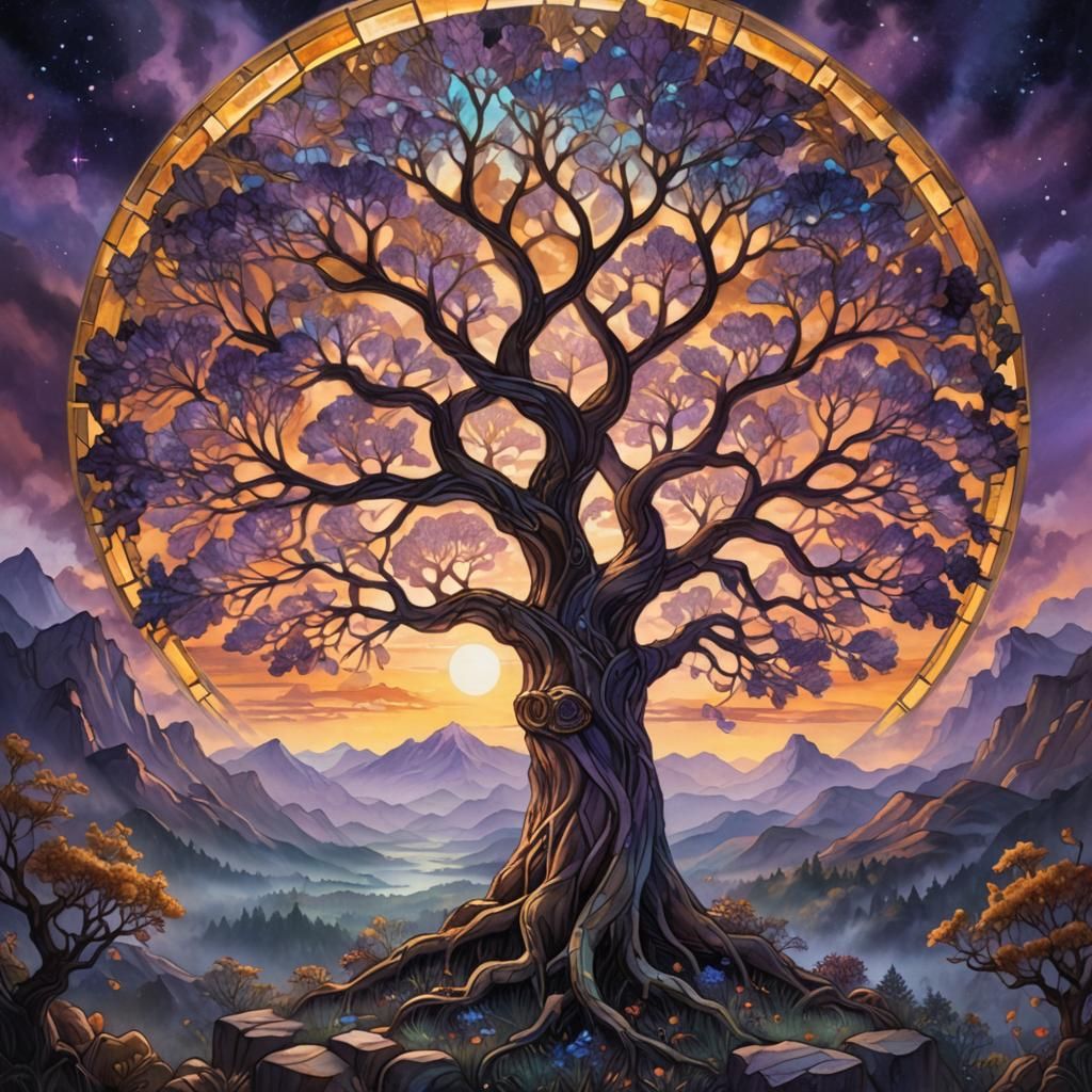 Glowing Tree of Life in Misty Twilight