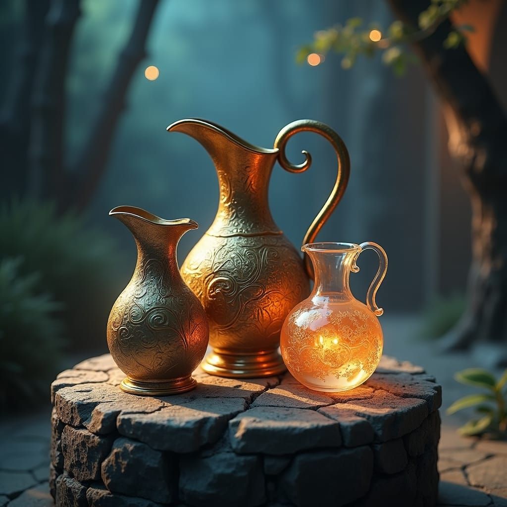 Ornate Jugs on Stone Pedestal in Mystical Setting