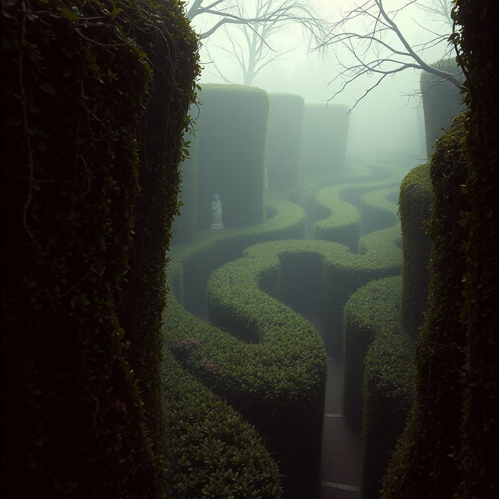 Mystical Hedge Maze with Hidden Statues in Cinematic Style