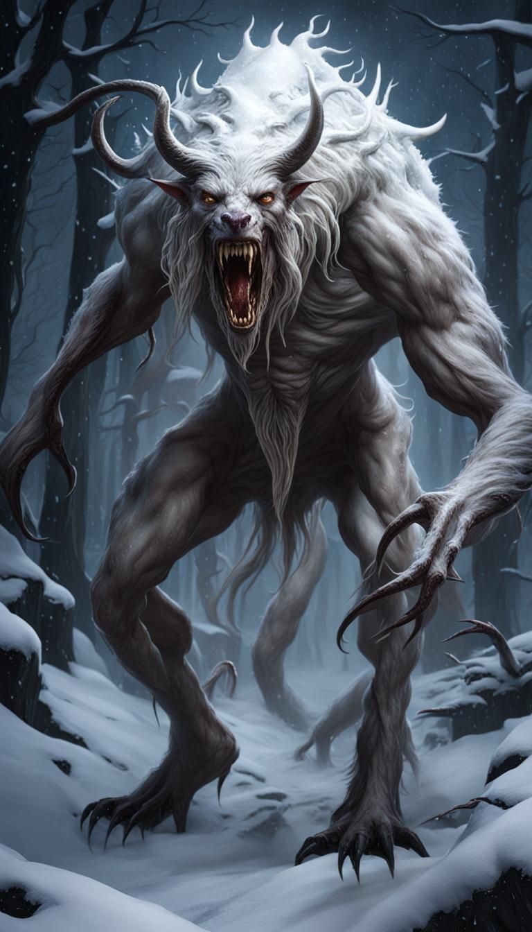 Eldritch Wendigo Horror in Snowy Landscape