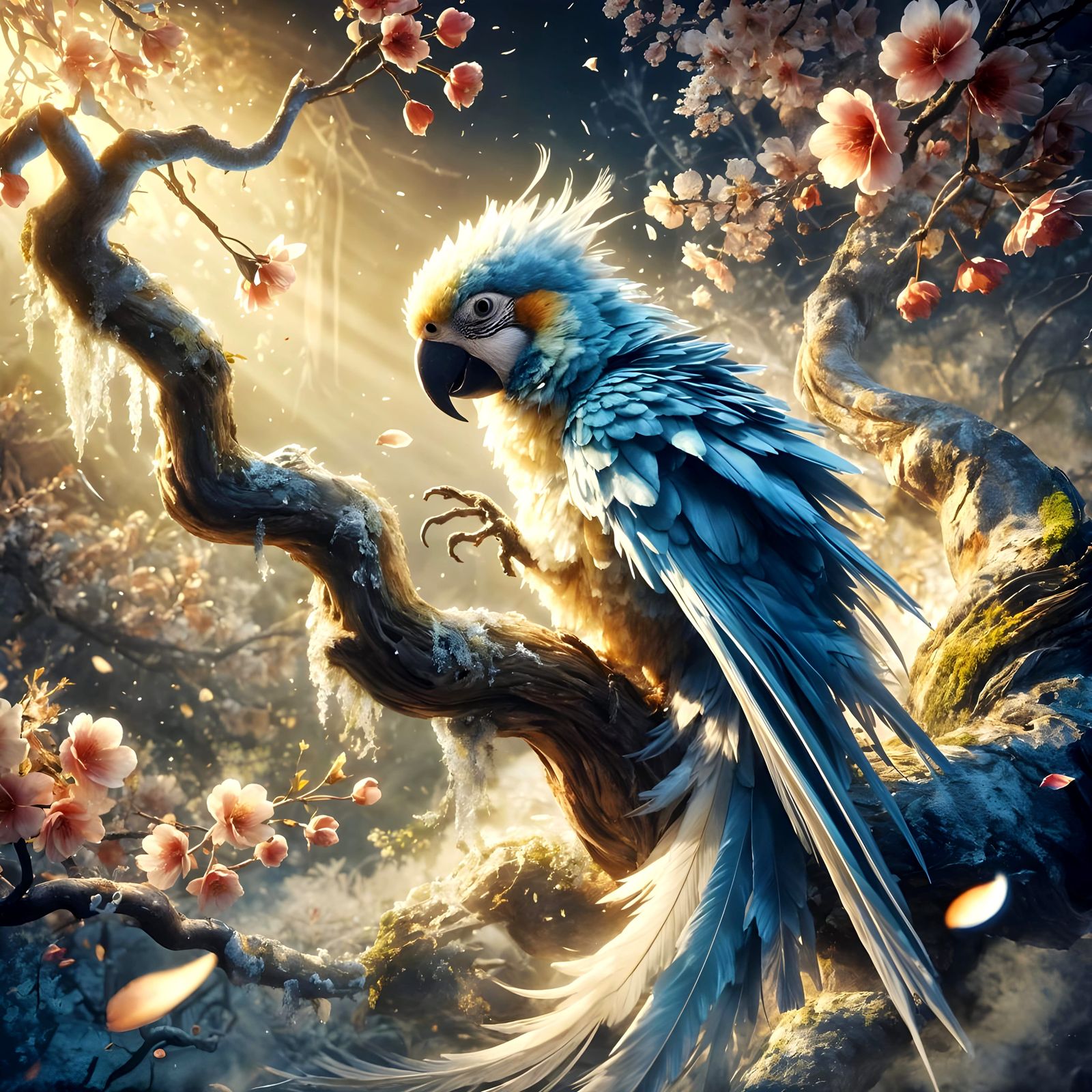 Fantasy Parrot Perched on Cherry Blossom Branch in Dreamy Mi...