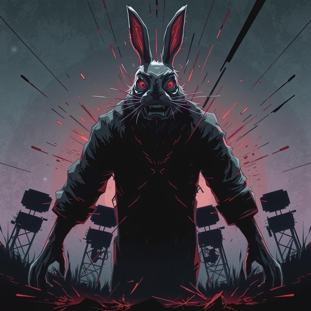 Menacing Evil Rabbit in Distorted VHS Anime Scene