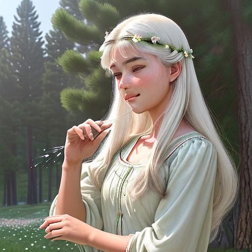 Dianthus Flower in Hair, Pine Trees in Wind