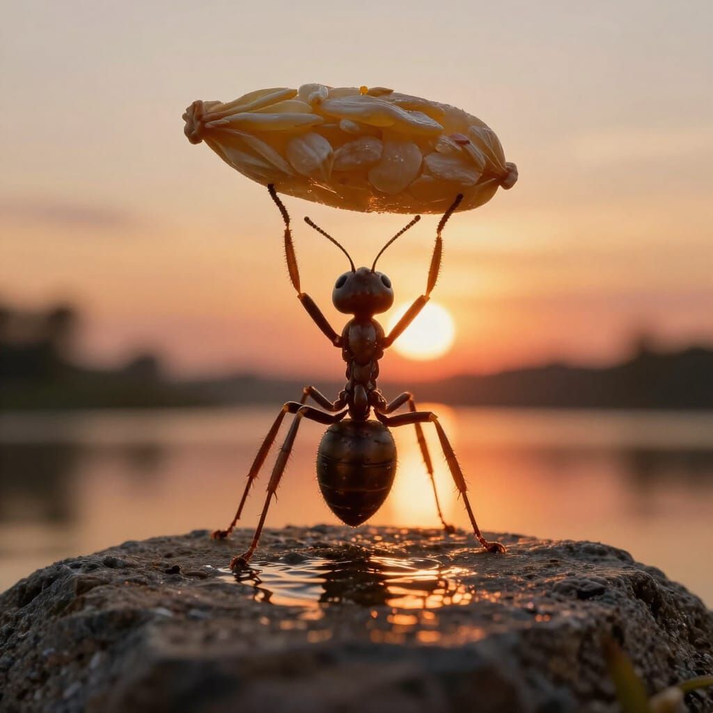 Heroic Ant Holds Giant Food Grain at Golden Sunset