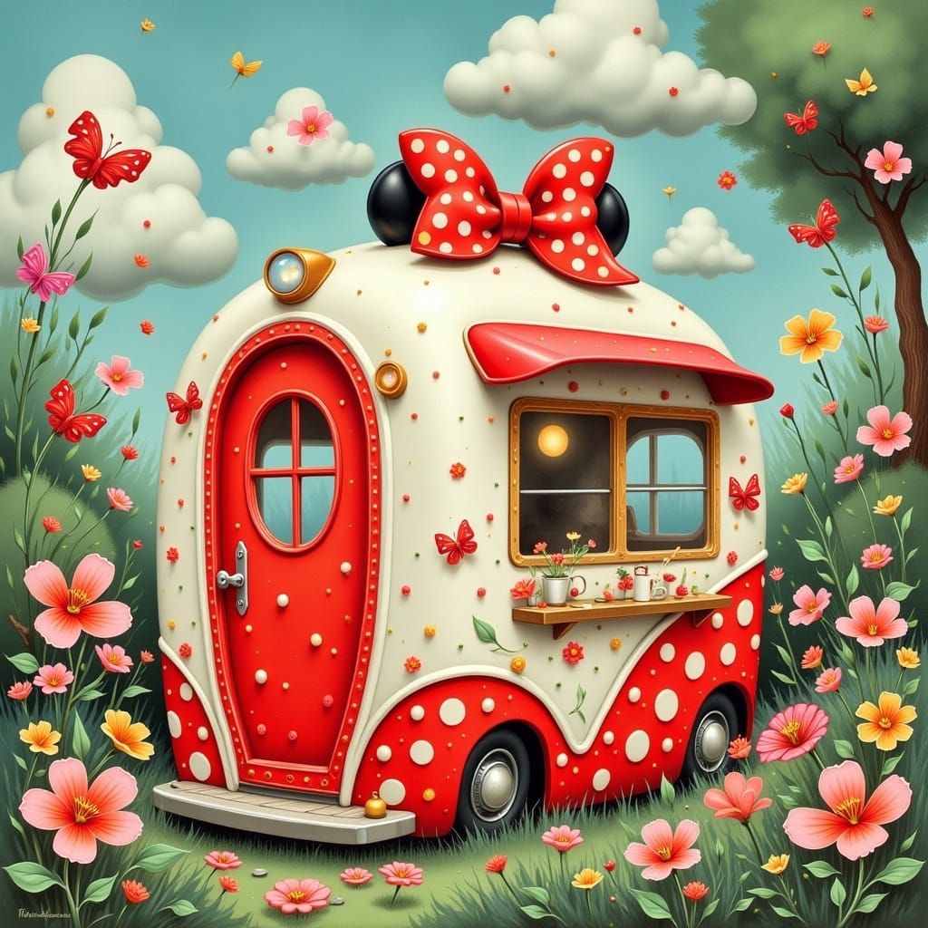 Minnie Mouse's Polka Dot Tardis in Dreamlike Landscape