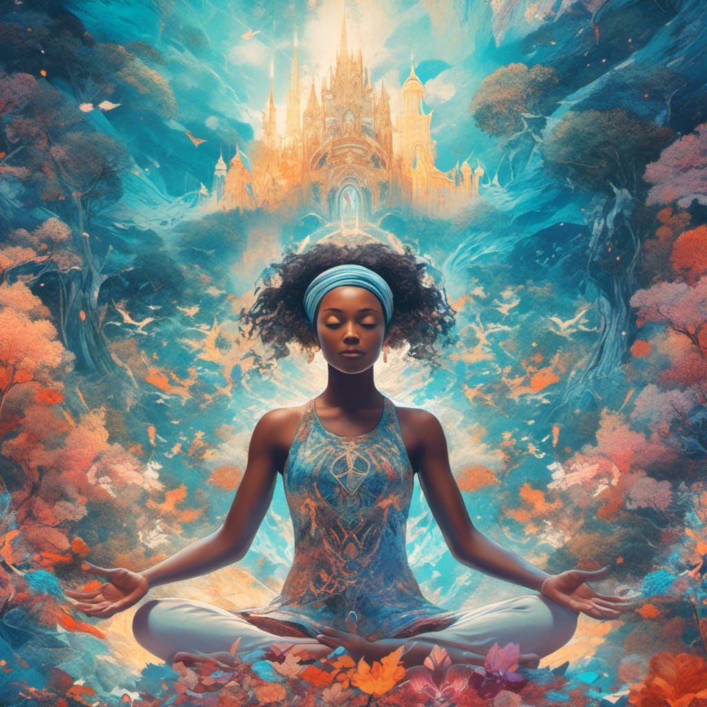 Meditating Woman in Cosmic Holographic Illustration