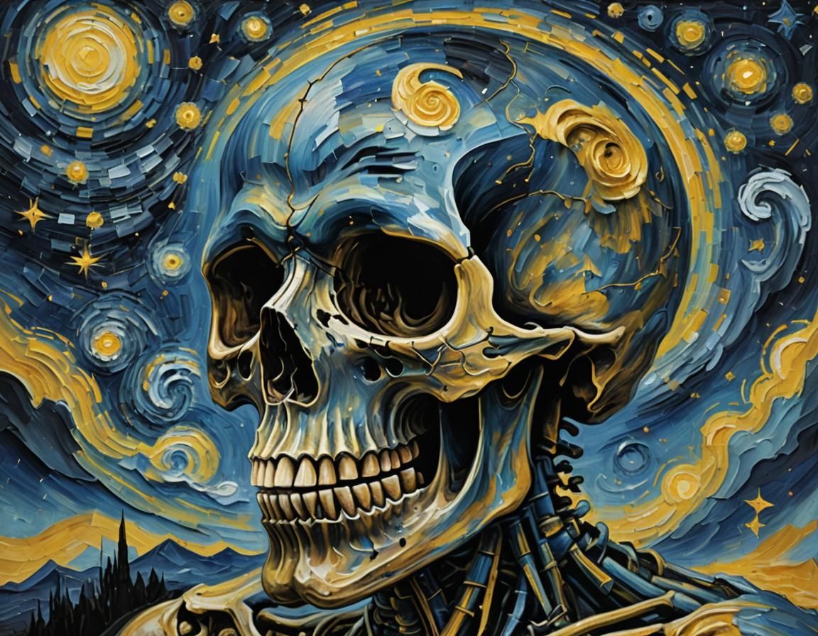 Skull in Starry Night Sky as Impasto Painting
