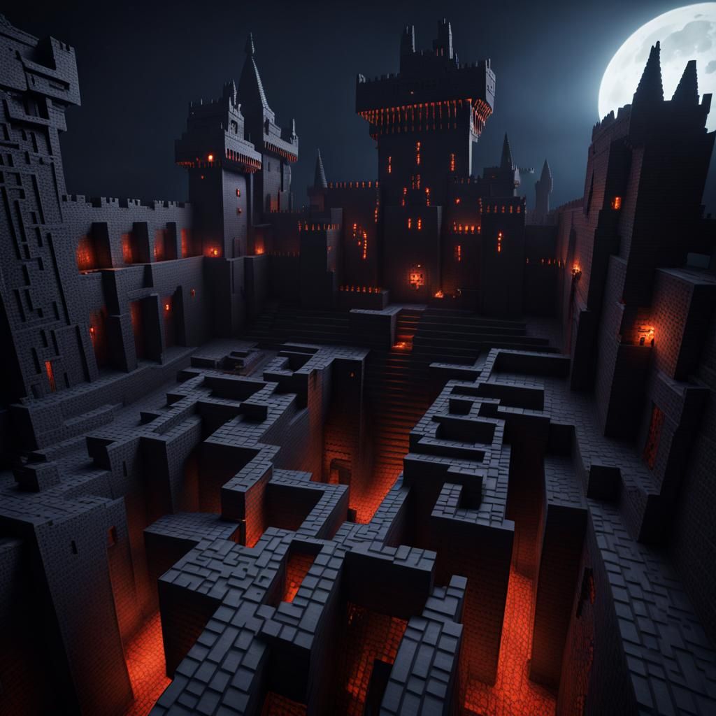 Spooky Minecraft Castle and Maze in Dark Night