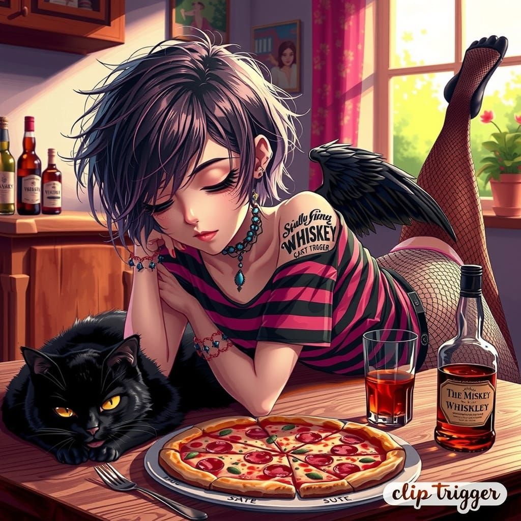 Cute Emo Girl with Wings in Whimsical Morning Scene