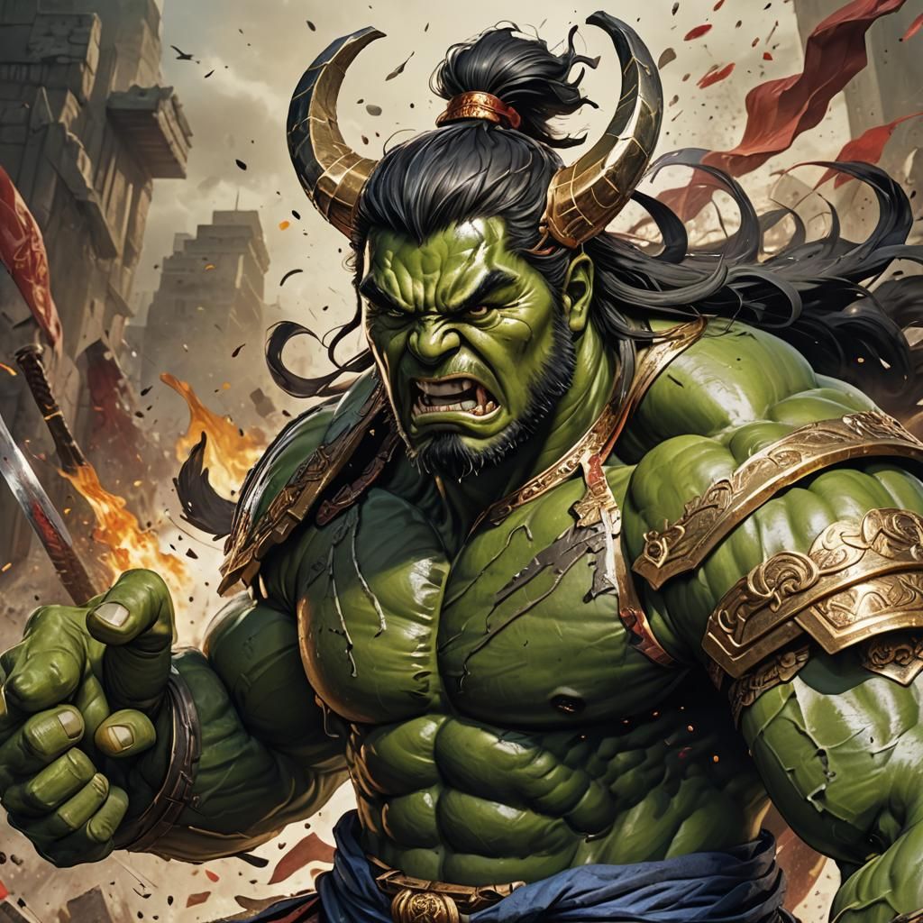 Zhang Fei as the Hulk: Hyperrealistic Concept Art