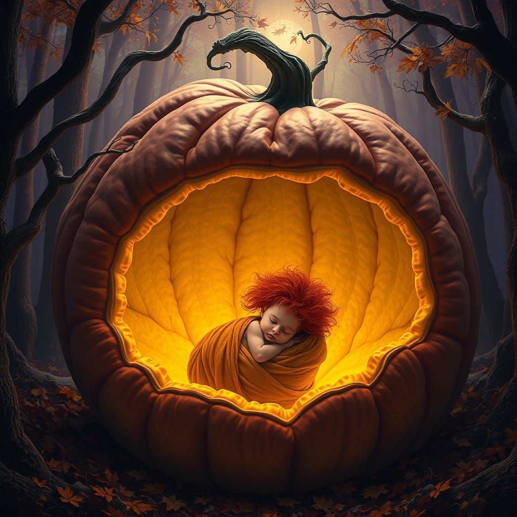 Autumn Fantasy: Newborn in a Glowing Pumpkin Womb