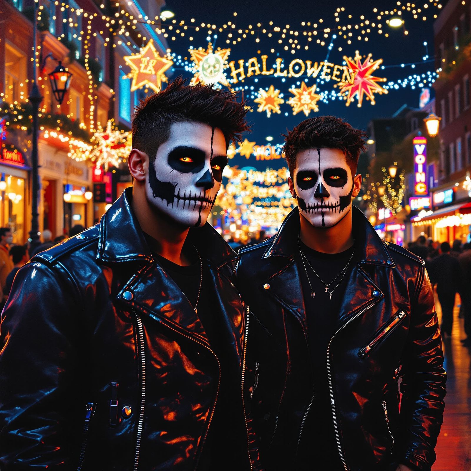 Athletes with Skull Face Paint on Festive City Street