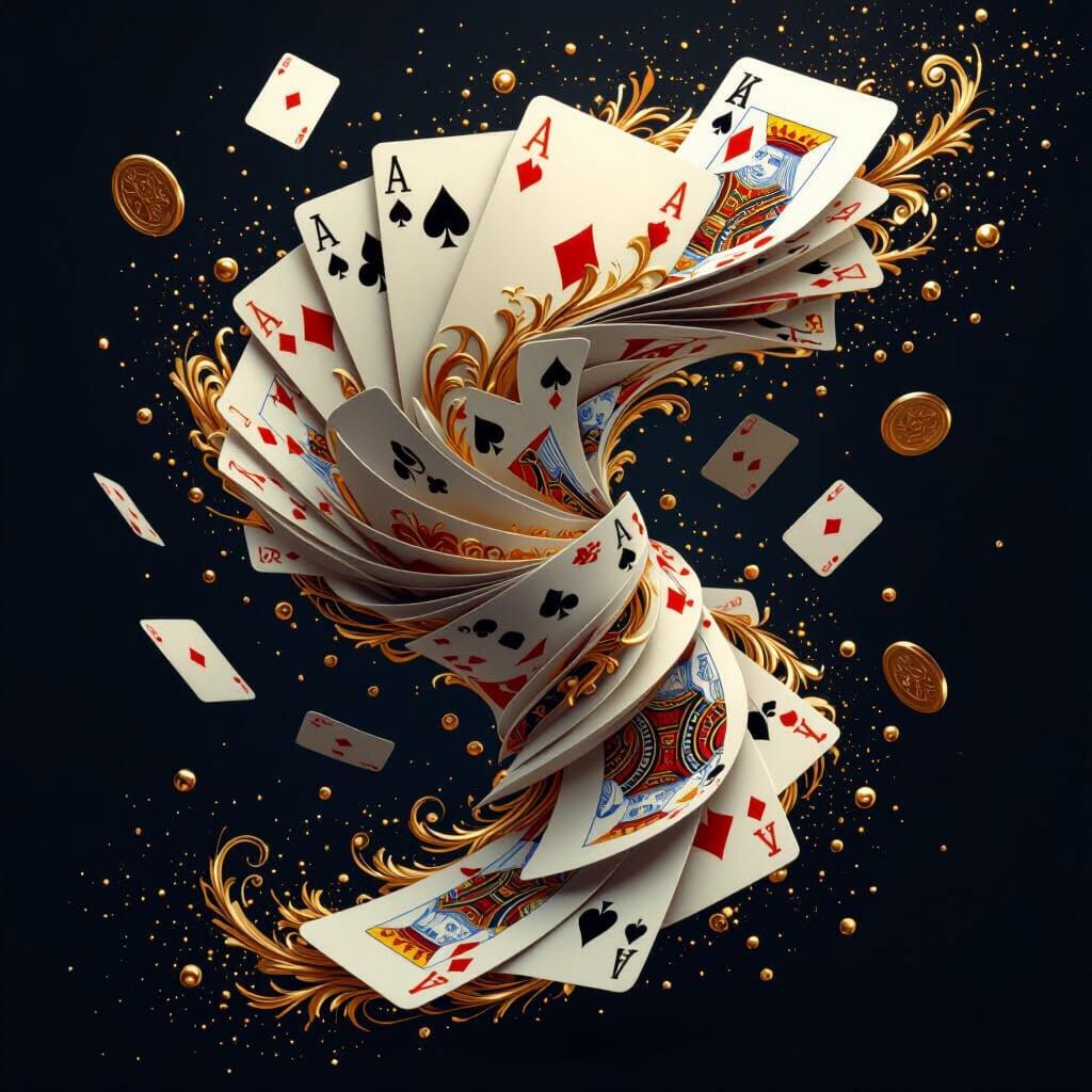 Swirling Wind of Playing Cards with Gold Suits