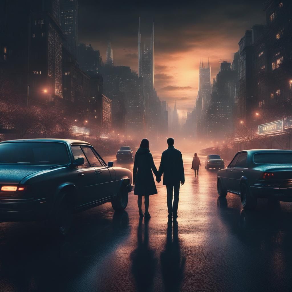 City at Night: Couple in Shadow, Digital Painting