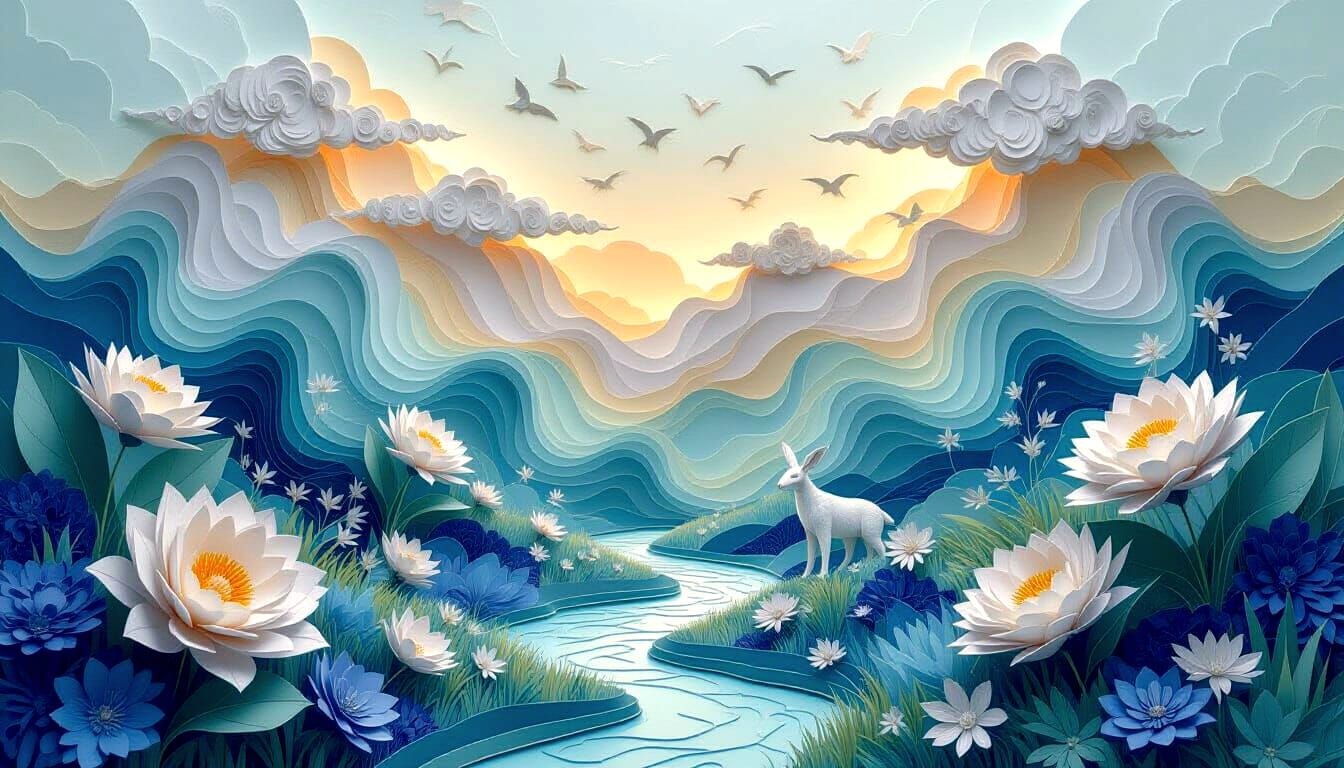 Surreal Paper Landscape with Origami Flora and Animals