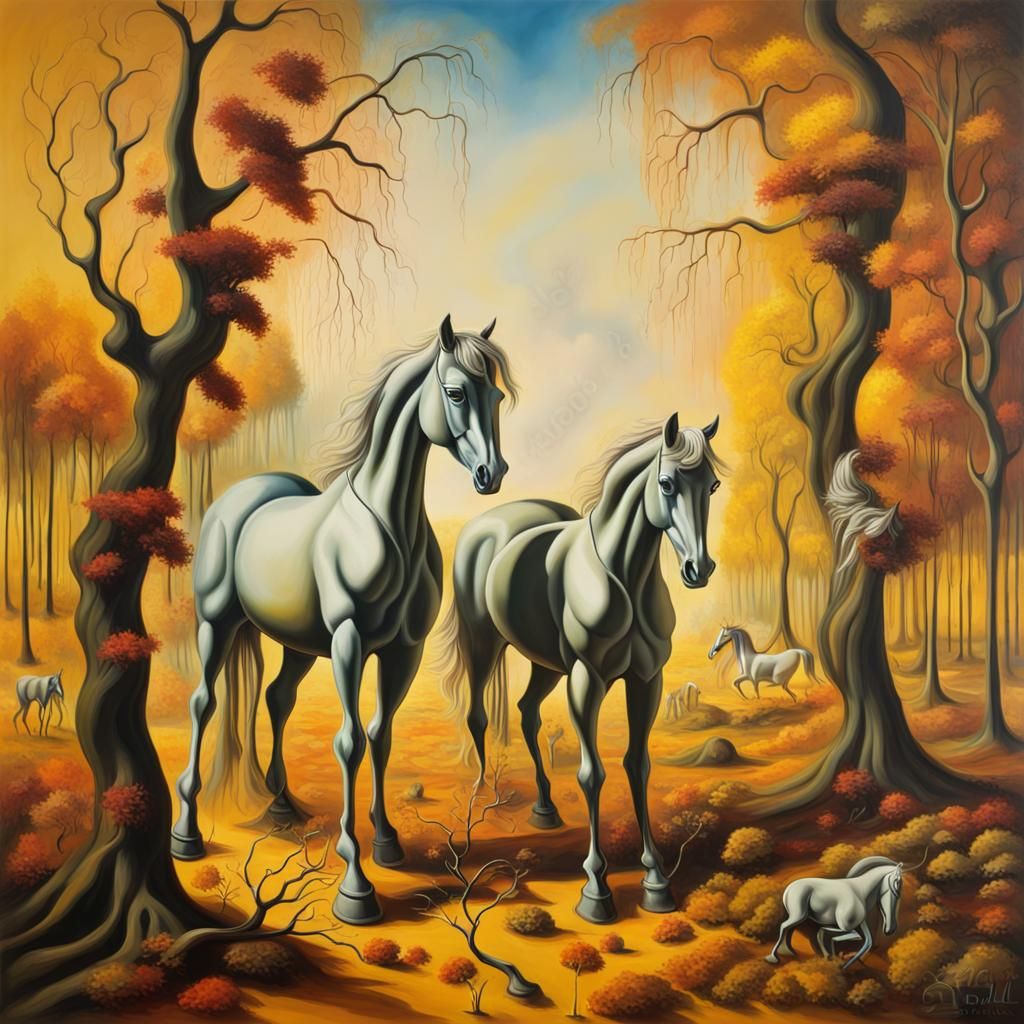 Surreal Horses in Autumn Forest, Dali Style