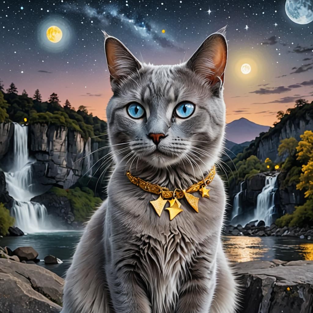 Regal Blue-Grey Cat Under a Starry Night