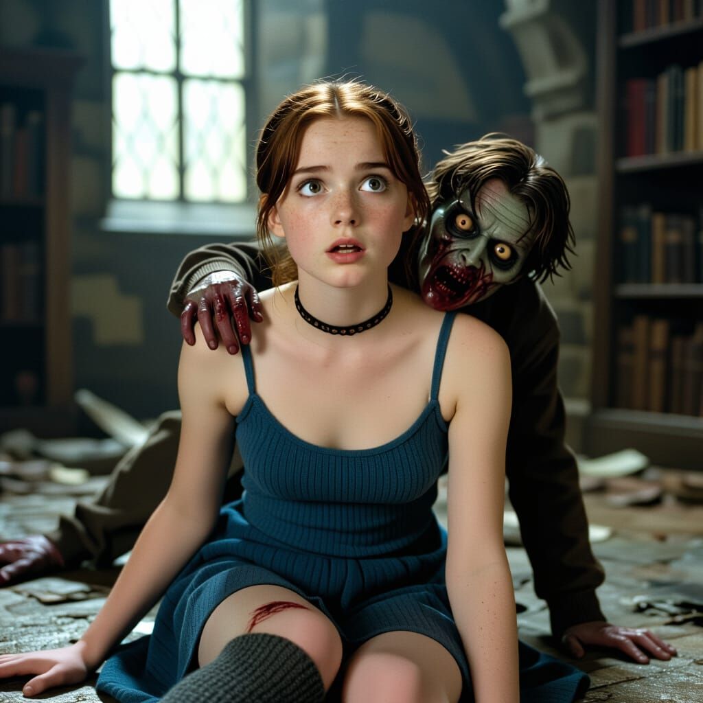 Terrified Ravenclaw Student Zombie Attack: Cinematic 35mm Fi...