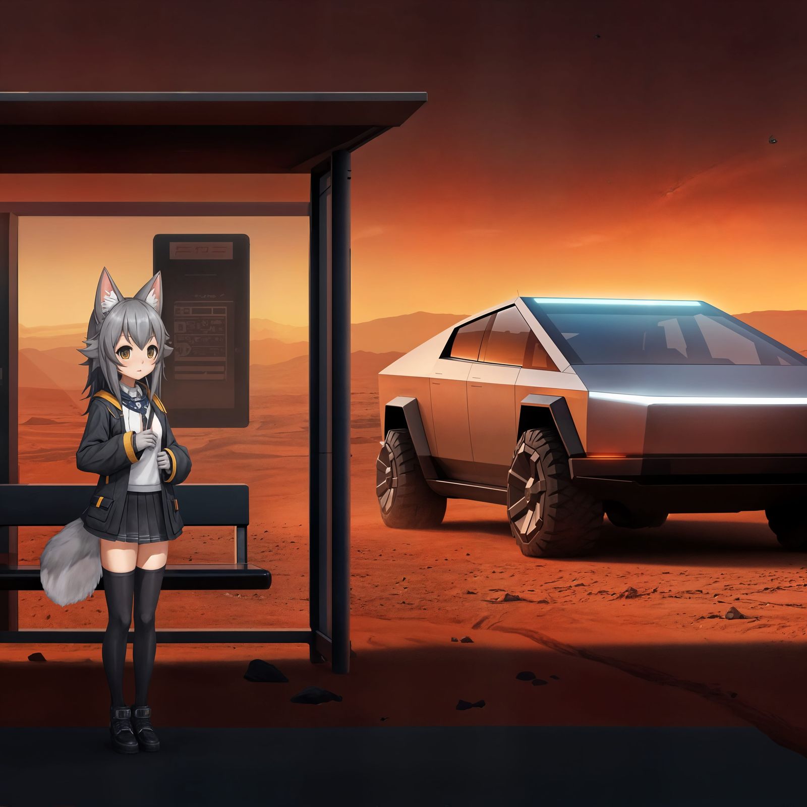 Anime Catgirl on Mars with Cybertruck