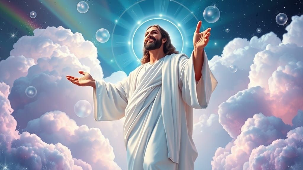 Glorious Jesus Ascending Through Iridescent Clouds