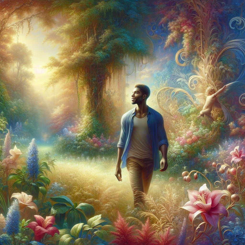 Ethereal Garden Scene with Strolling Man
