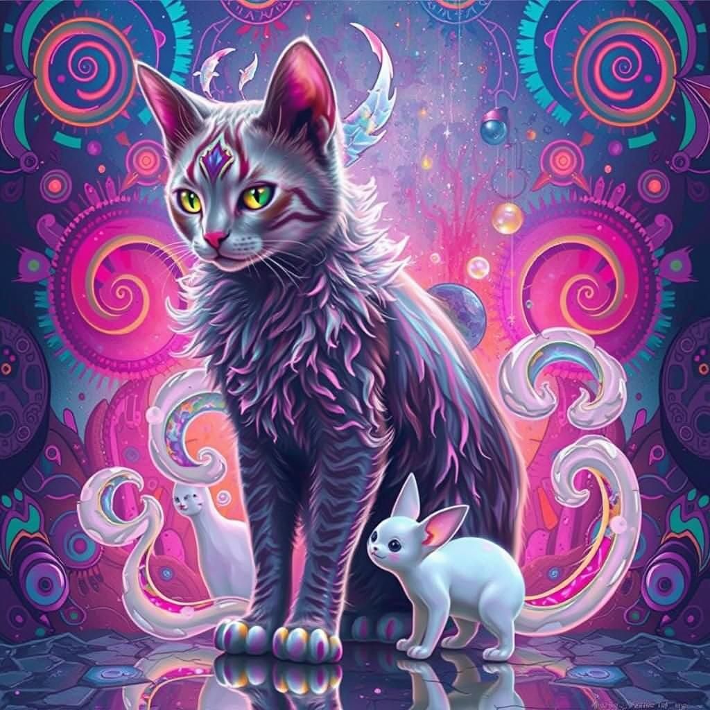 Iridescent Spirit Cat and Ghost Friend in Dreamscape