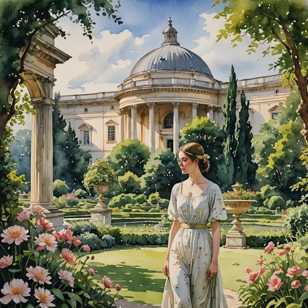 Watercolor Palladian Garden with Beautiful Girl