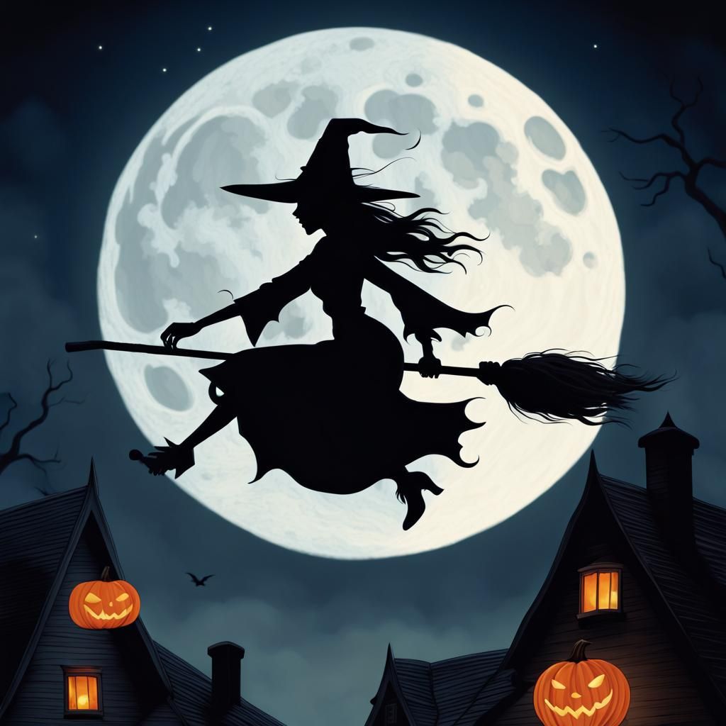 Witch Silhouette on Halloween Night, Hyperrealistic Art