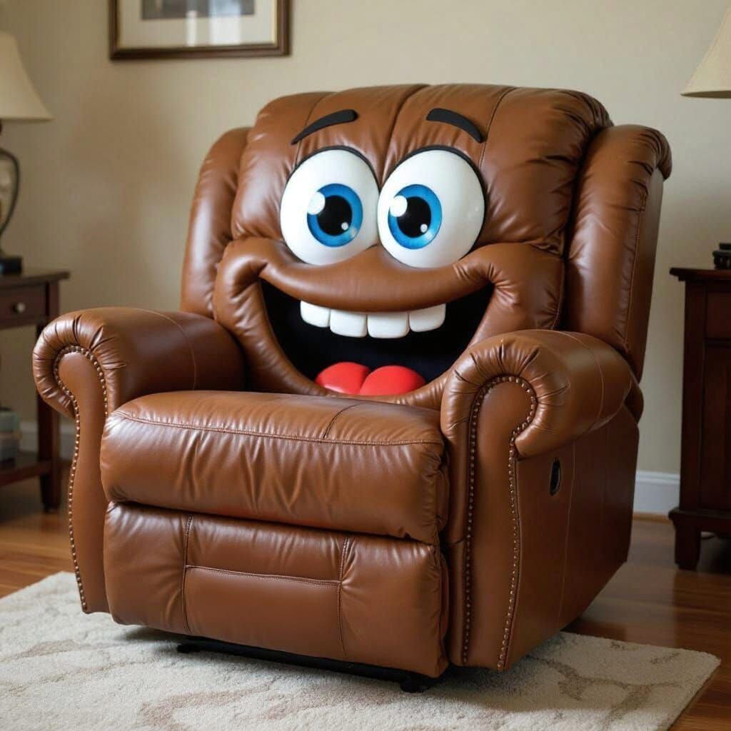 Happy Leather Recliner Chair with Cartoon Eyes and Smiling M...