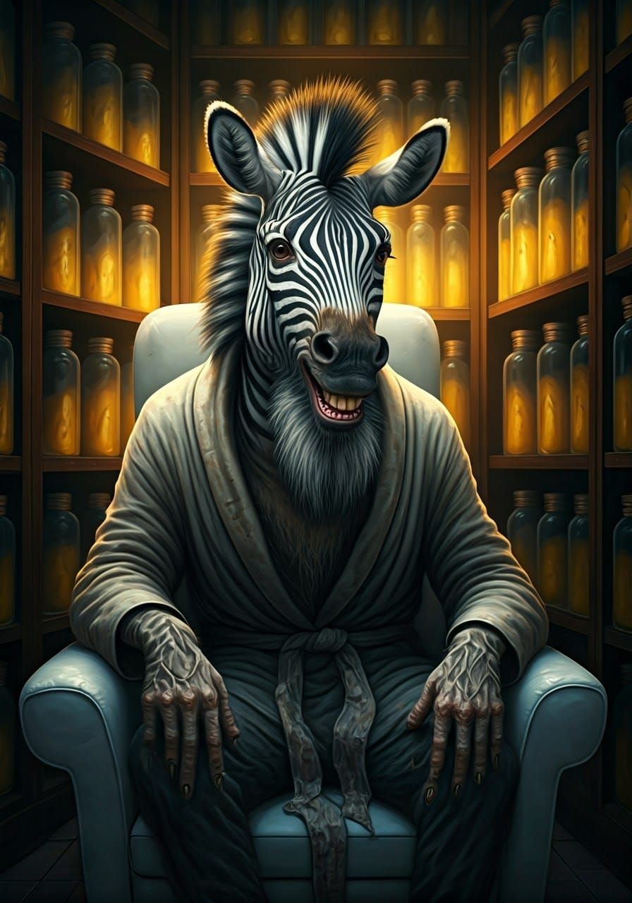 Decrepit Zebra Man in a Hyper-Realistic, Surreal Scene