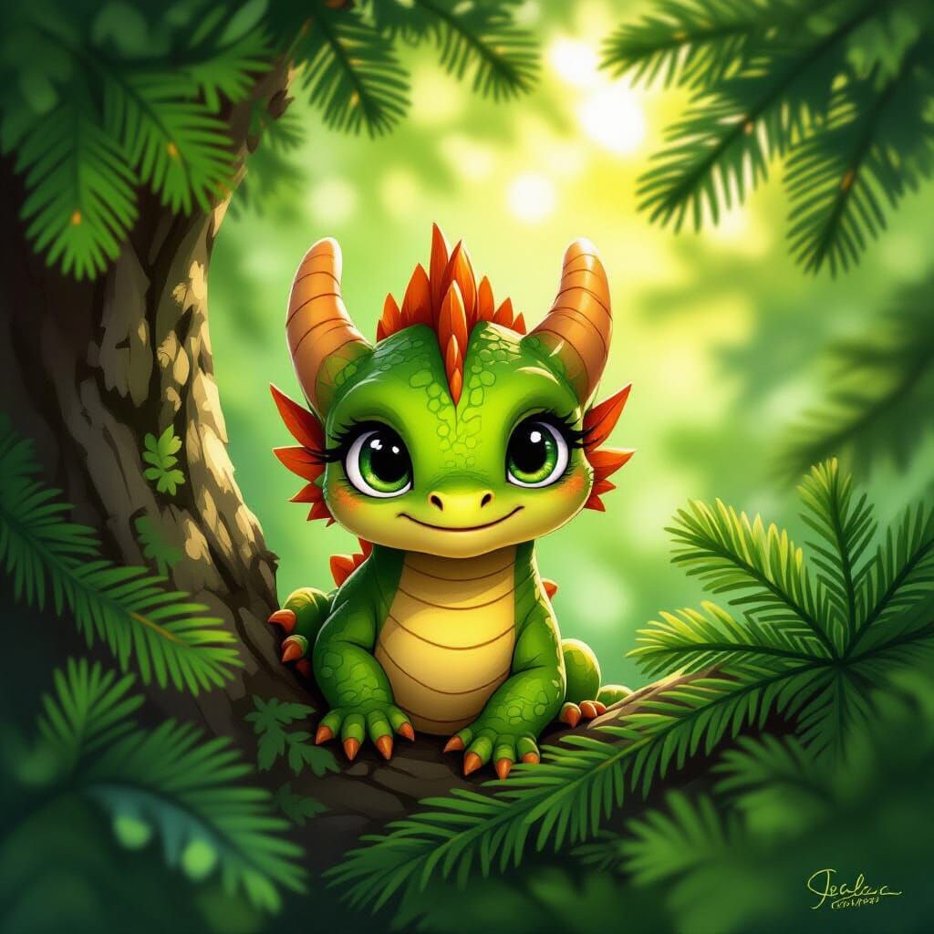 Whimsical Baby Dragon Hiding in Evergreen Tree