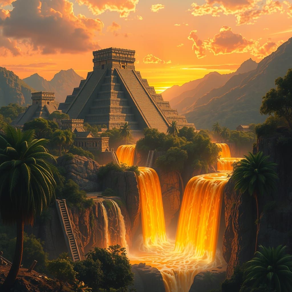 Golden Waterfall at Inca Pyramids in Surreal Style