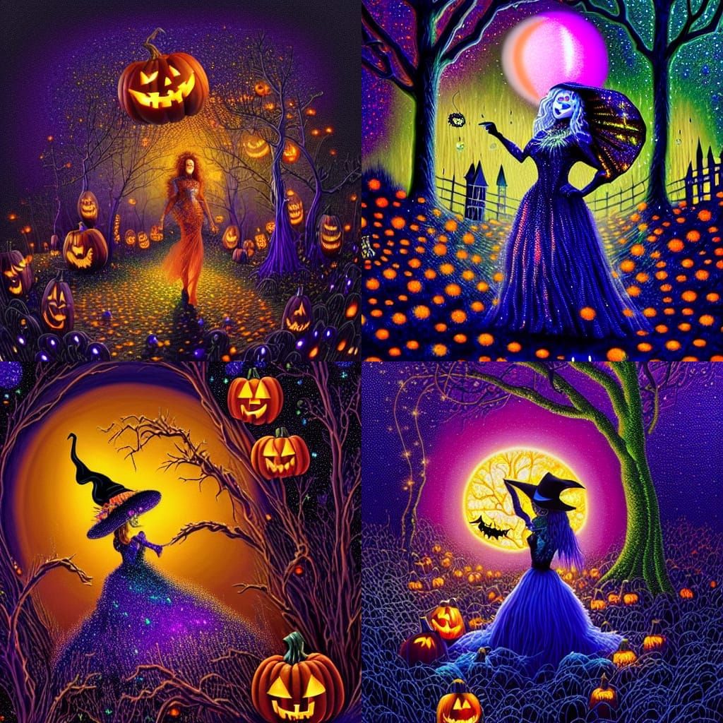 Halloween Witch Sparkles in Detailed Oil Painting
