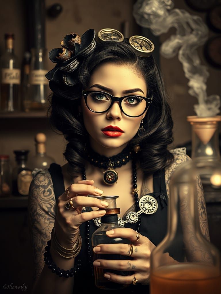 Steampunk Alchemist in Pop Surrealist Laboratory