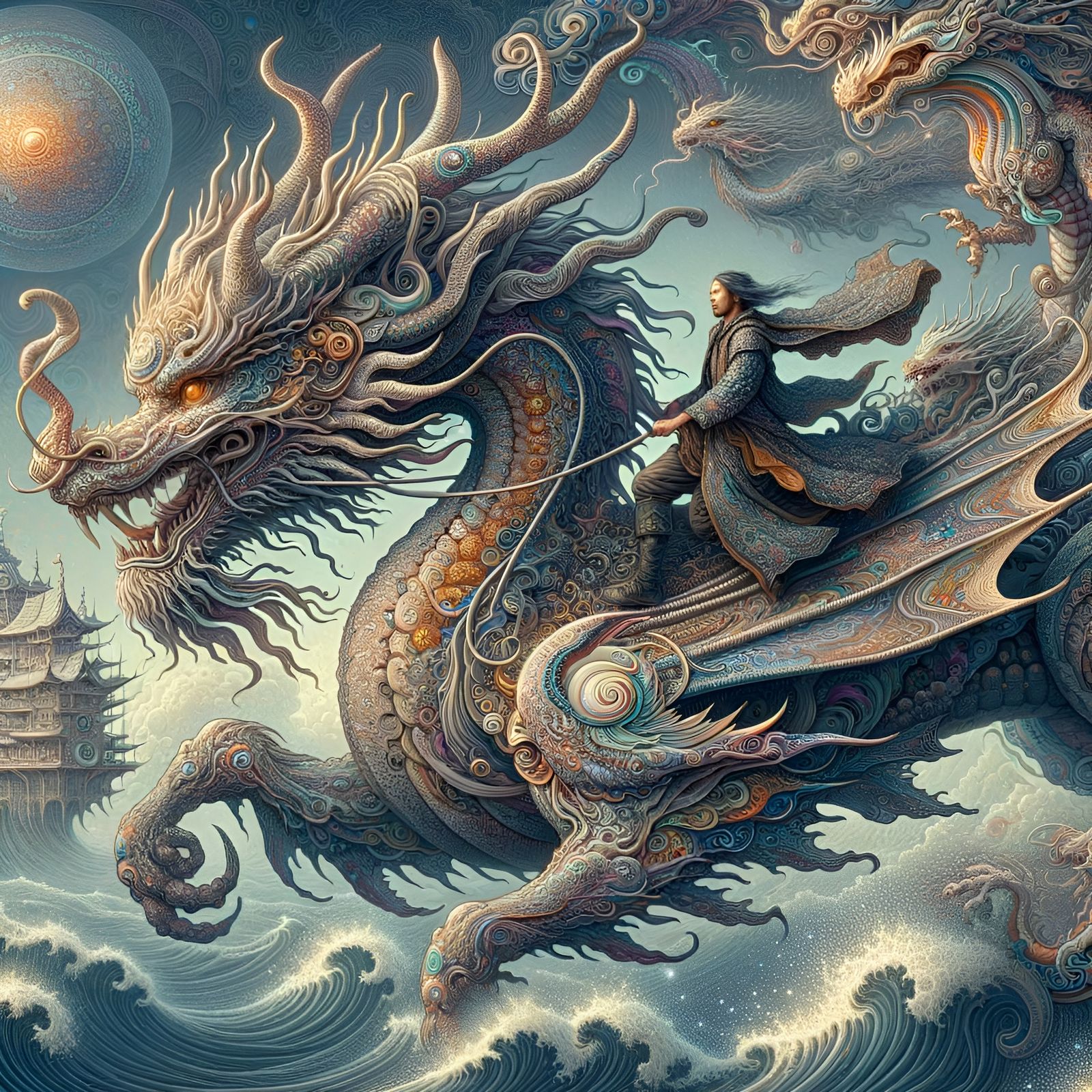 Asian Man Rides Dragon in Visionary Art Style
