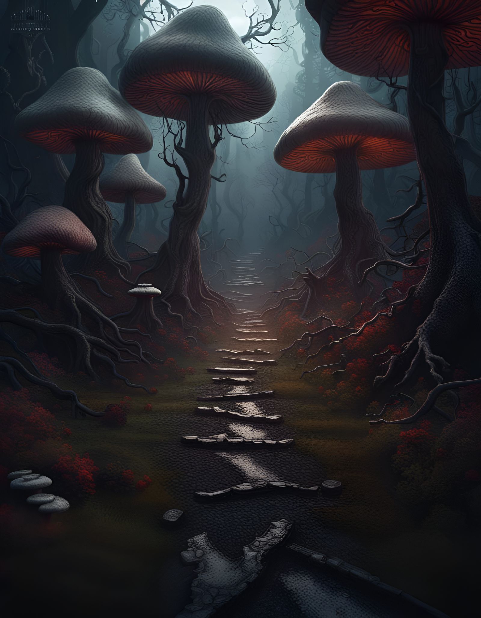 Haunted Path Through Mushroom Forest: Fantasy Concept Art